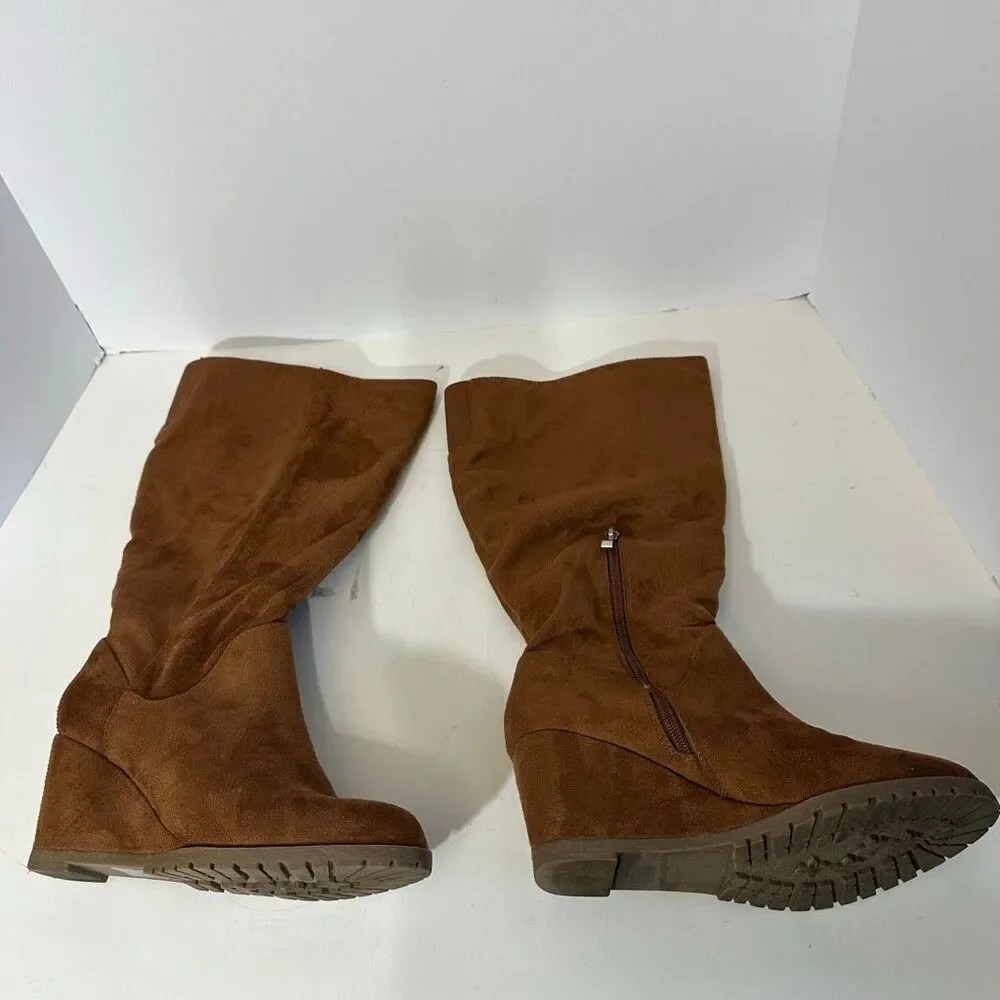 Journee Collection Women’s Micro Suede Knee High Wedge Boots Brown/Tan Faux Sued